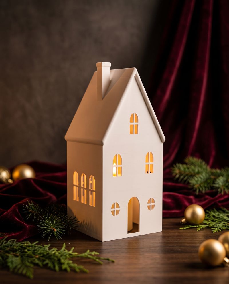 White 3D printed christmas house glowing with an LED light (styled scene)